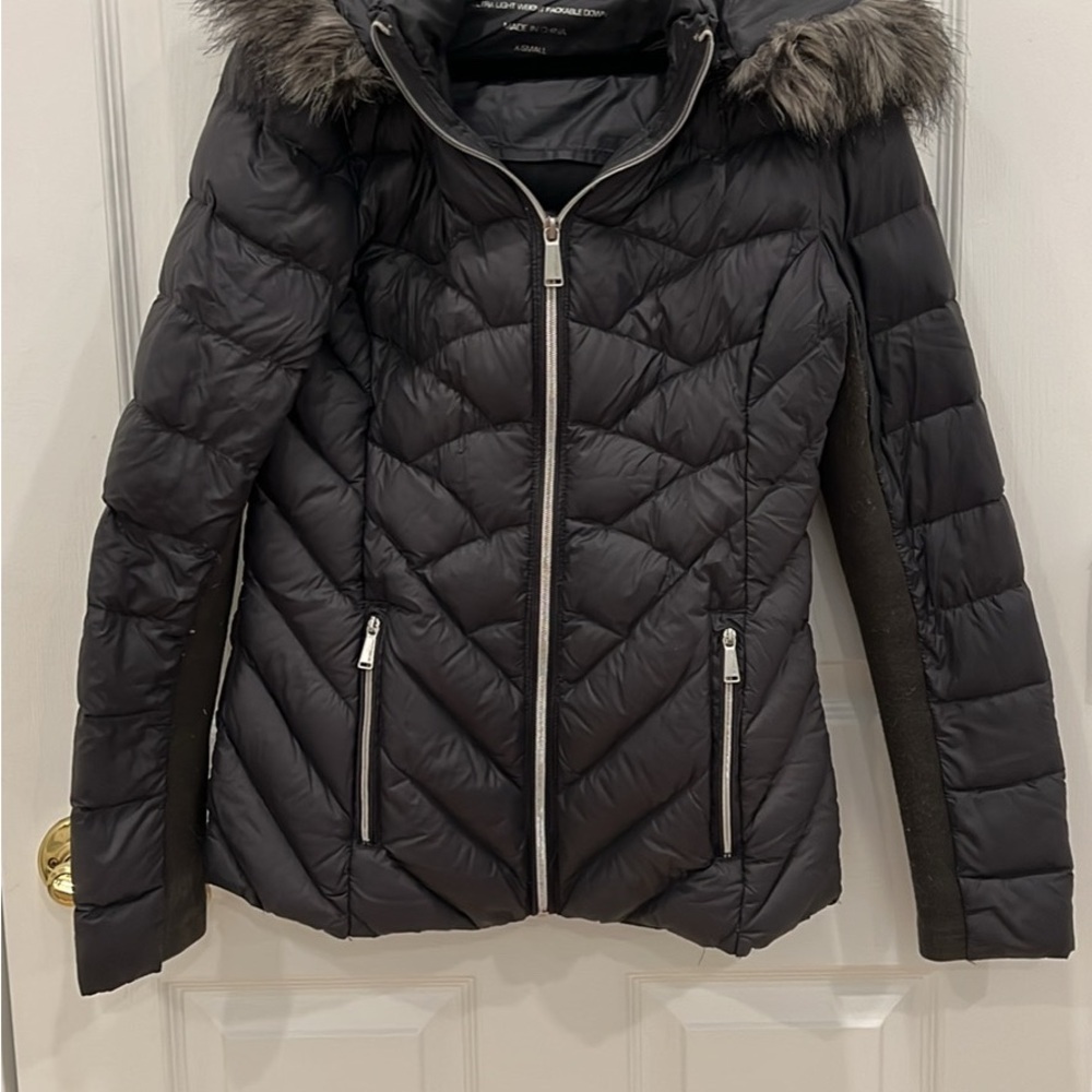 Women's Gray Quilted Jacket with Fur Hood